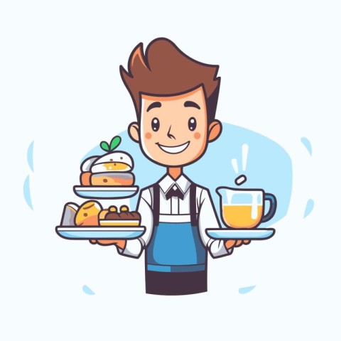 Waiter holding a tray of food. Vector illustration in cartoon st