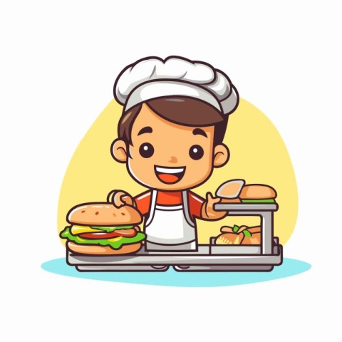 Cute boy chef with hamburger and french fries. Vector illustrati