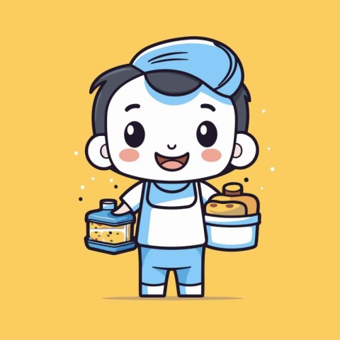 Cute little boy with bread and bakery. Vector cartoon illustrati