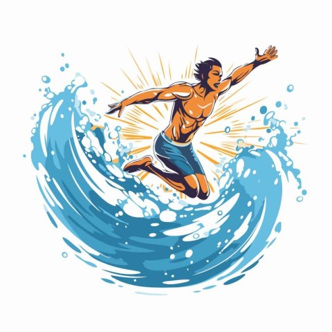 Surfer jumping on the wave. Vector illustration on white backgro