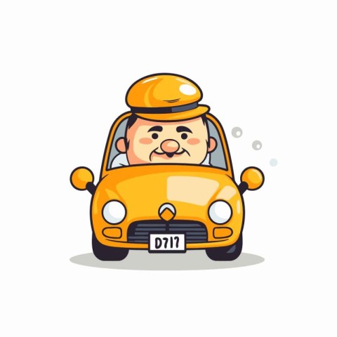 Taxi driver character with yellow car. Cute cartoon vector illus