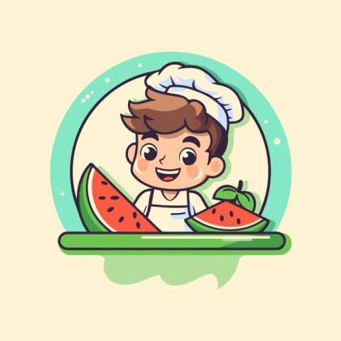 Cute boy chef with watermelon. Vector illustration in cartoon st