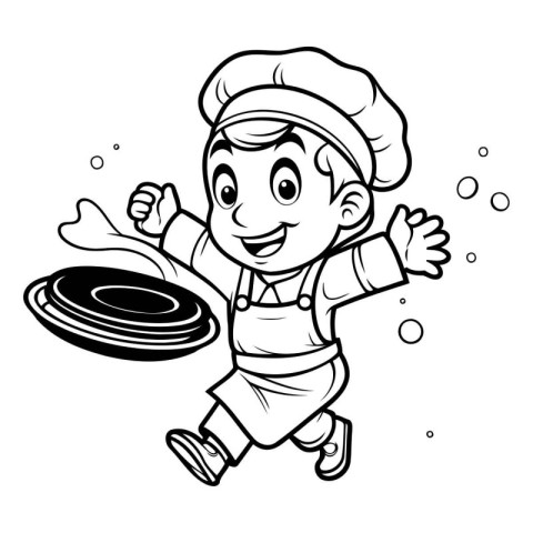 Black and White Cartoon Illustration of a Kid Boy Chef Character