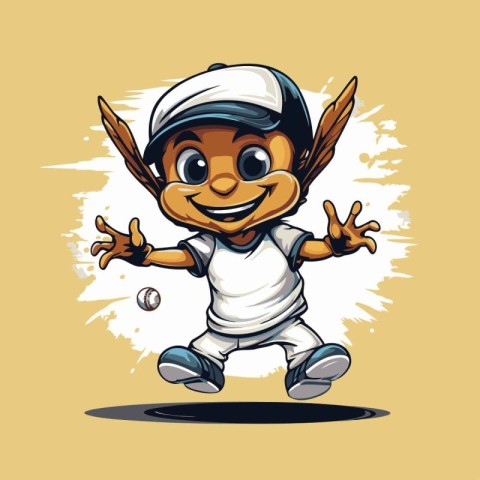 Cute cartoon cricket player with bat and ball. Vector illustrati