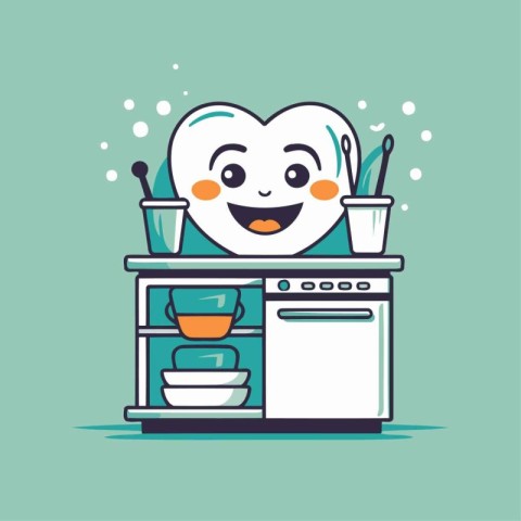 Cute smiling heart character standing in the kitchen. Vector ill