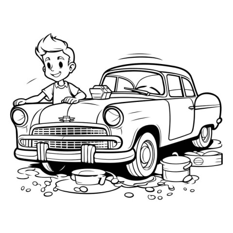 Illustration of a Boy Driving a Retro Car - Coloring Book