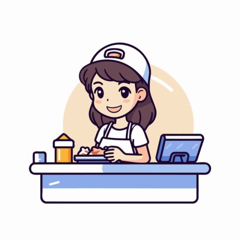 Cute girl chef cooking in the kitchen. cartoon vector illustrati