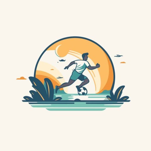 Soccer player on the beach. Vector illustration in retro style.