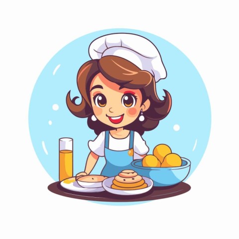 Cute little girl chef in uniform and hat cooking breakfast. Vect