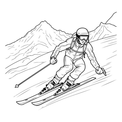 Skiing. Skier skiing downhill. Black and white vector illustrati