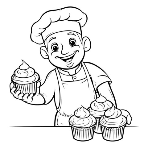 Black and White Cartoon Illustration of Little Boy Chef with Cup