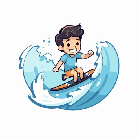 Boy surfing on wave cartoon vector Illustration isolated on a wh