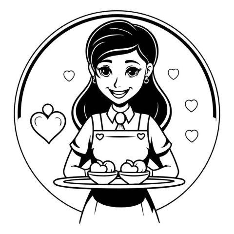 Young woman chef cartoon in round frame with hearts vector illus