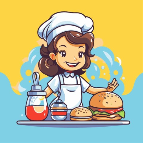 Cartoon girl chef in uniform with hamburger and sauce. Vector il