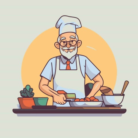 Chef cooking in kitchen. Vector illustration in flat cartoon sty