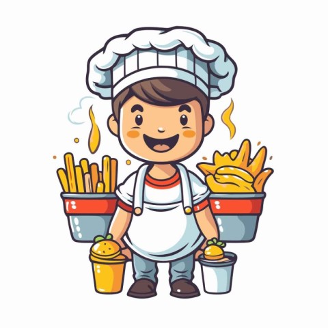 Chef with Potatoes and Fries. Vector Illustration.