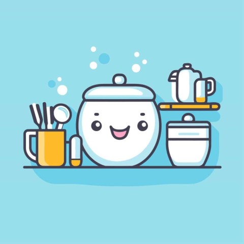 Cute kawaii pot and utensils vector illustration.