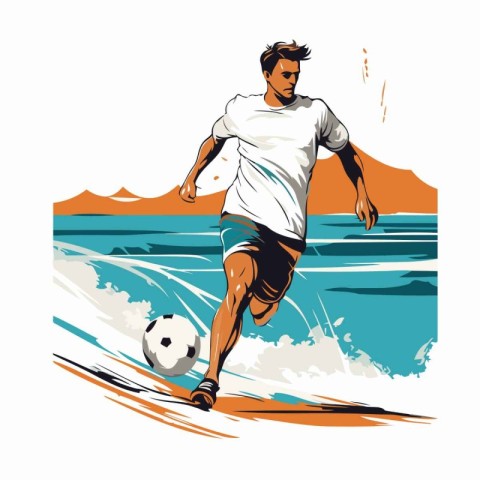 Soccer player in action on the beach. Hand drawn vector illustra