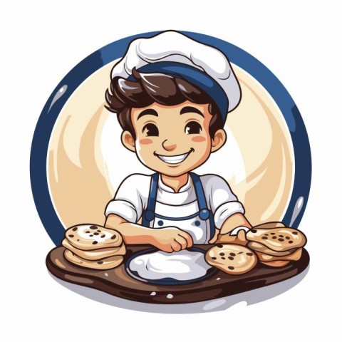 Cute cartoon chef boy with a plate of pancakes. Vector illustrat