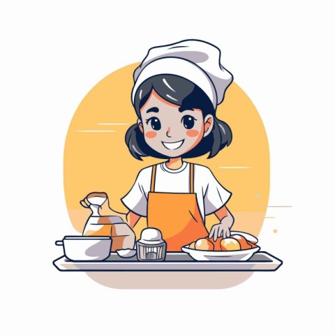 Cute little girl chef in apron cooking in kitchen. Vector illust