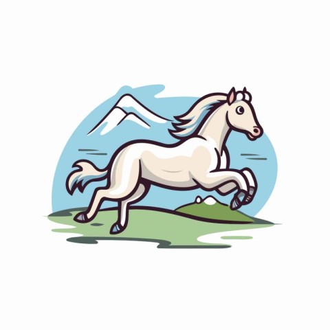 White horse running on the grass. Vector illustration in cartoon