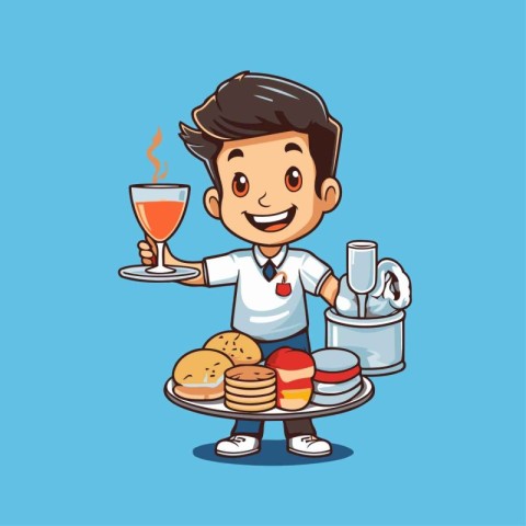 cartoon waiter holding a tray of food and drink. vector illustra