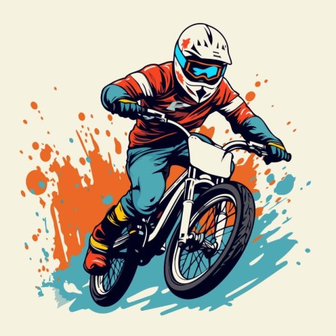 Mountain biker rides on a race track. Vector illustration.