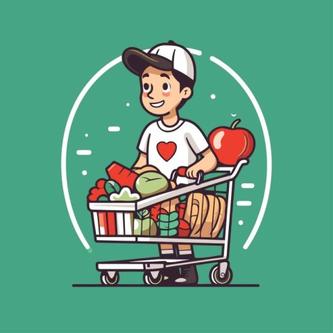 Cute boy with shopping cart full of groceries. Vector illustrati