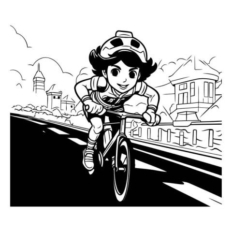 Cyclist on the road. Vector illustration in black and white