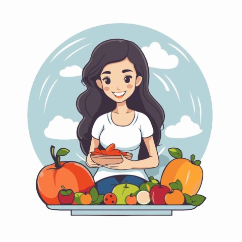 Young woman with fruits and vegetables. Vector illustration in c