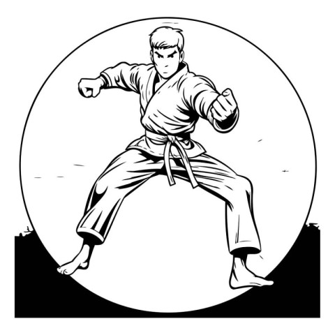 Karate man in kimono. Black and white illustration.