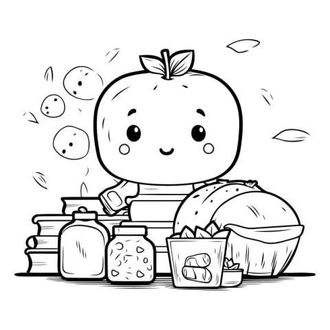 Cartoon Illustration of Cute Apple Character for Coloring Book