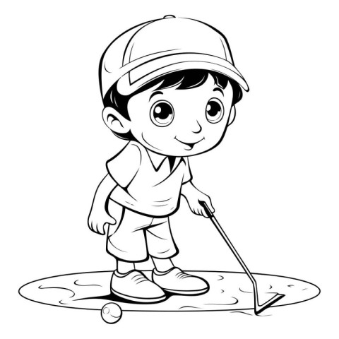 Boy playing golf on a golf course. Black and white vector illust