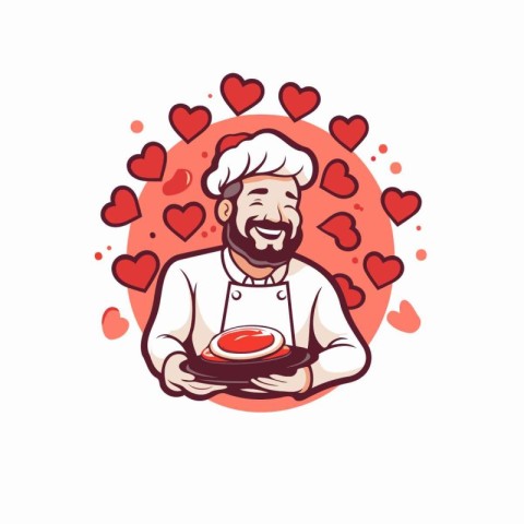 Vector illustration of a happy male chef holding a plate of cake