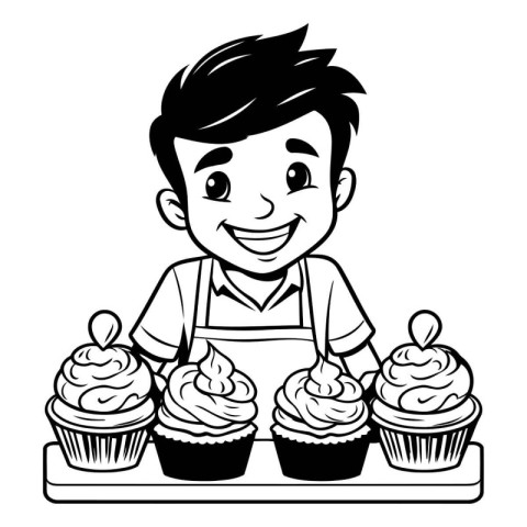 cute boy with cupcakes cartoon vector illustration graphic desig