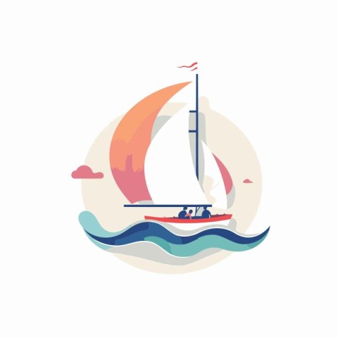 Sailing yacht in the sea. Vector illustration in flat style.