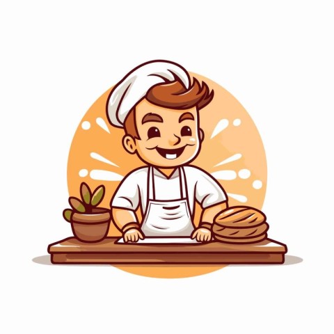 Cute cartoon chef holding a plate with bread. Vector illustratio