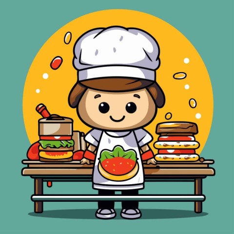 Cute cartoon chef with hamburger. Vector illustration in flat st