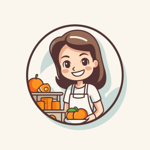 Cute little girl with fresh fruits and vegetables. Vector illust