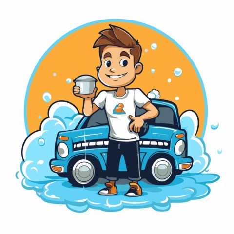 Man washing his car with a hot drink. Vector illustration in car