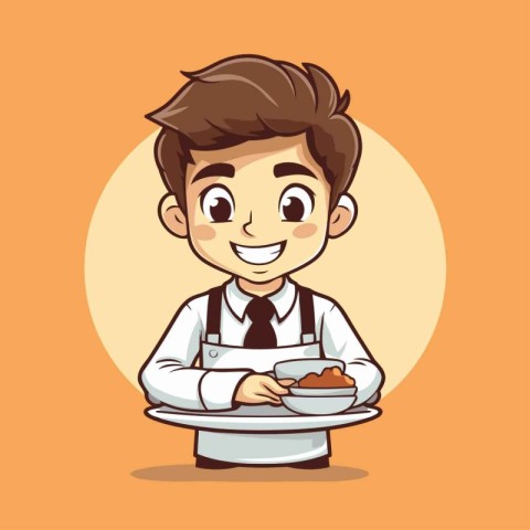 Cute cartoon boy with a plate of food. Vector illustration.