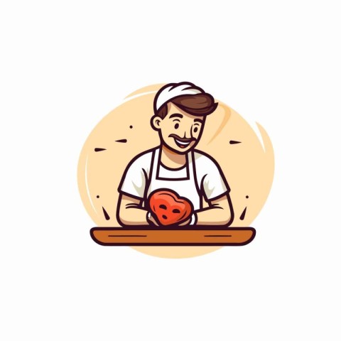 Chef holding a red heart. Vector illustration in cartoon style.