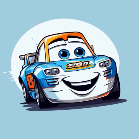 Vector illustration of funny cartoon car with smiley face on blu