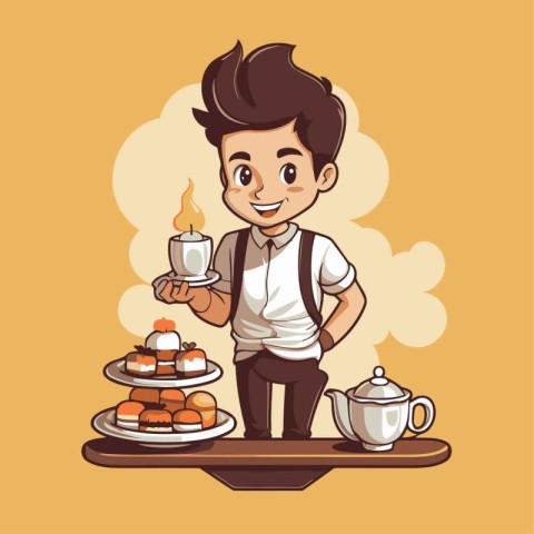 Cute boy waiter with cake and cupcake cartoon vector illustratio