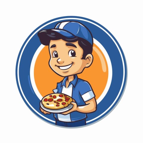 Illustration of a pizza delivery boy holding pizza in front of a