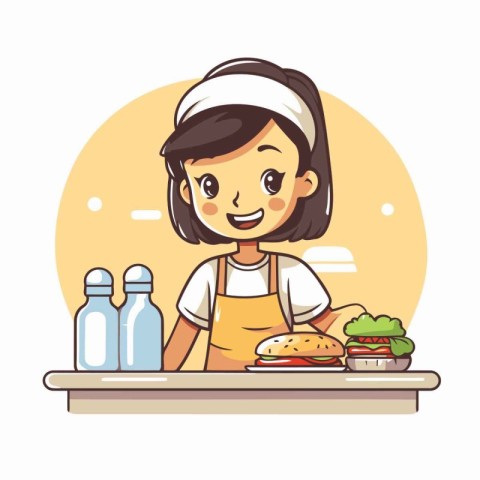 Girl in apron with hamburger on the table. Vector illustration