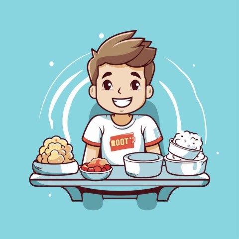 Illustration of a boy eating with a bowl of ice cream.