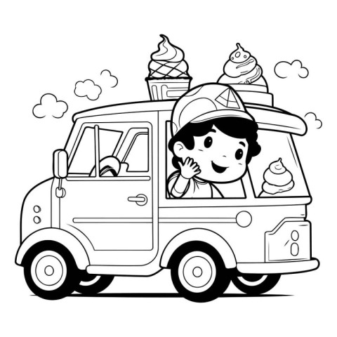 Vector illustration of cute boy with ice cream in car. Black and