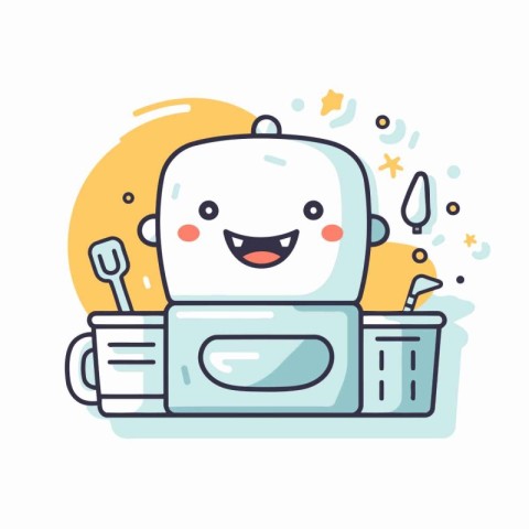 Cute kawaii robot in the kitchen. Vector illustration.