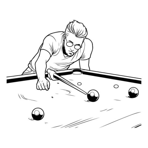 Man playing billiards. Black and white vector illustration of a